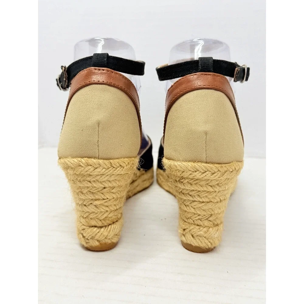 Brooks Brothers Womens US 7.5 Black Canvas Espadrille Wedge Ankle Strap